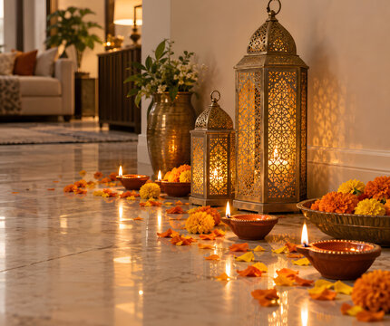 Ultra Realistic Diwali Floor Decoration with Decorative Lanterns Diyas and Flower Petals Premium Festive Home Photography