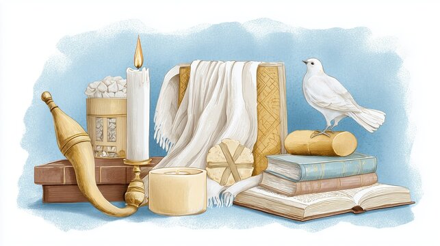 Watercolor illustration of traditional Jewish religious items including Torah scroll, shofar horn, prayer books, white dove, candle and kippah representing sacred Hebrew traditions and spiritual