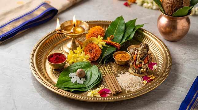 Traditional hindu puja thali with ganesha idol and oil lamp for daily worship