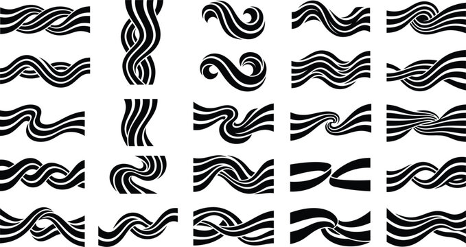 Assortment of black vector tribal wave rendering elements for ornamental patterns and tattoo designs.