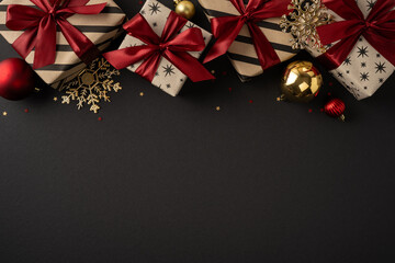 Naklejka premium Elegant black and gold Christmas gifts with red bows for Merry Christmas and Happy New Year celebration on black copyspace