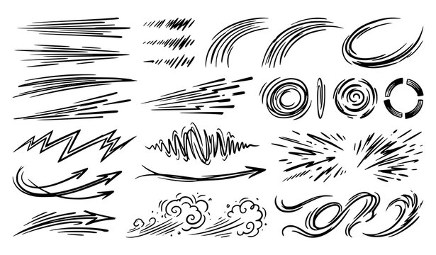 Hand Drawn Comic Speed Motion Swoosh and Action Line Vector Set