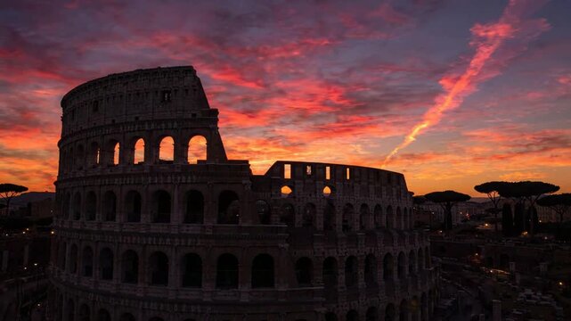 Sunset at the colosseum in rome: iconic ancient roman landmark at twilight with dramatic colorful sky and clouds