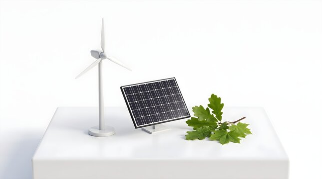 A clean renewable energy concept features a wind turbine, solar panel, and green leaves, symbolizing sustainability, clean power, environmental technology, and a greener future.