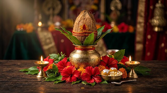 Traditional brass kalash pot with coconut and flowers for indian festival ritual