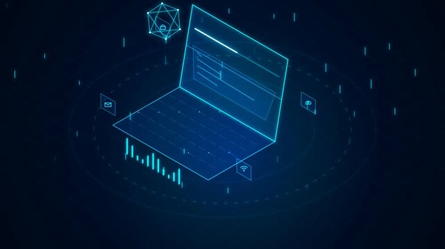 Futuristic Laptop Floating in Digital Cyberspace with Glowing Interface Icons and Data Visualization