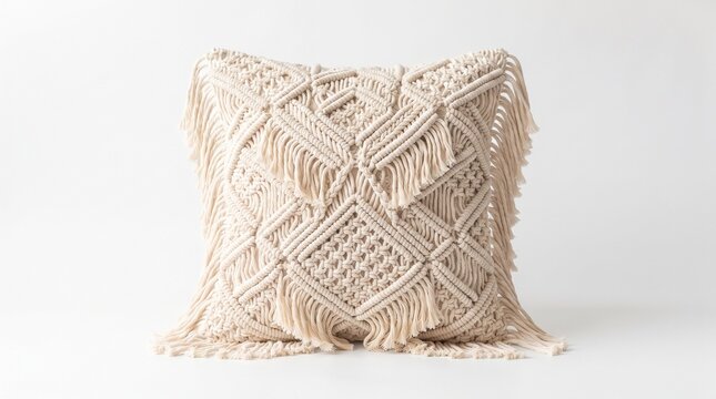 Bohemian macrame throw pillow with fringe, cream cotton woven cushion on white background, handmade boho chic decorative pillow for home interior