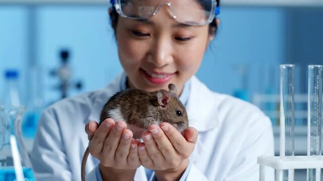 Female scientist holding lab mouse in modern research laboratory for medical testing and pharmaceutical development