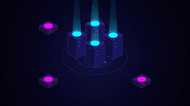 Futuristic Server Cluster Animation with Glowing Digital Data Beams in a Dark Isometric 3D Network