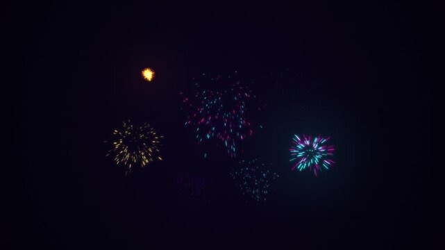 colorful multiple fireworks bursts animation on dark background