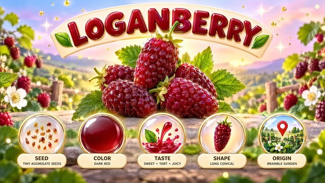 Loganberry kids flash card poster showing seed color taste shape origin labels and fruit fact cheerful 3D illustration