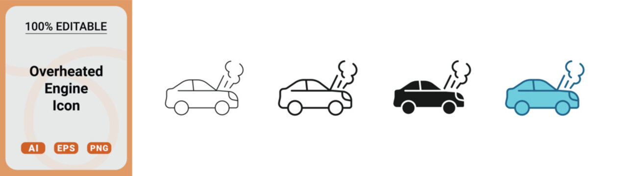 Set of four overheated engine car icons, featuring different design styles including outline, bold line, solid black, and blue color variations for automotive service and repair concepts
