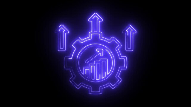 Neon cogwheel with growth chart and arrows revealing business process and achievement