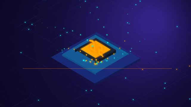 Neon Digital Circuit Animation with Glowing Particles Floating on Dark Blue Abstract Background