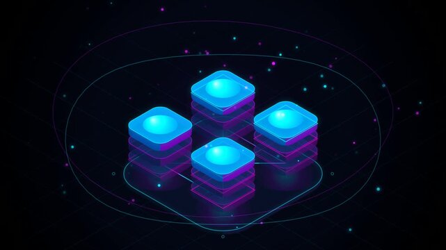 Neon Blue Glowing Digital Blocks Floating Above A Dark Tech Grid Background With Glowing Particles