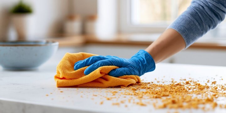 Hand cleaning kitchen countertop with cloth