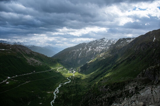 Panoramic View Down the Rh&ocirc;ne Valley from the Rh&ocirc;ne Glacier &ndash; Majestic Swiss Alpine Landscape