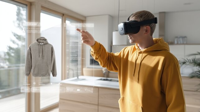 Young man using virtual reality headset for online shopping in modern living room