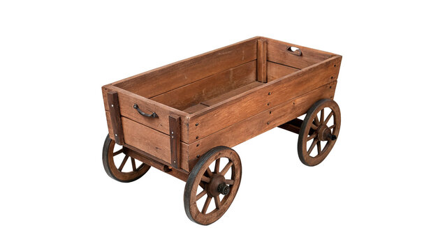 Vintage four-wheeled wooden garden cart barrow isolated on transparent background.
