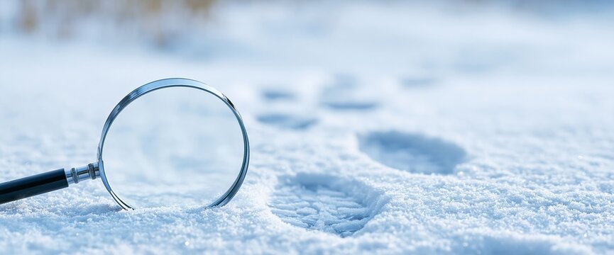 Magnifying glass examining footprints in snow