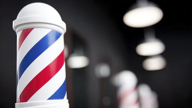 Classic barber pole with red, white, and blue stripes in modern barbershop interior