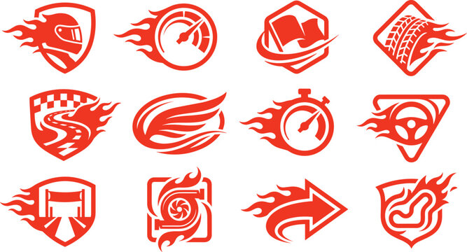 Racing speed icons with fire flames and orange car sports symbols for logo design branding
