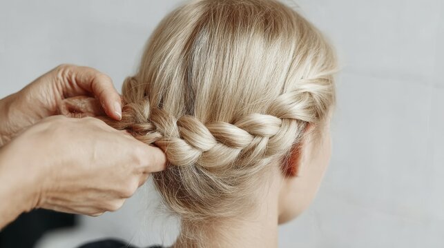 Woman with intricate braid hairstyle being styled close-up