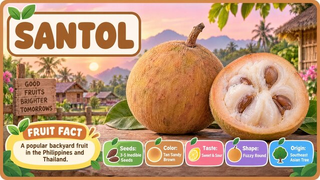 Santol kids flash card poster showing seed color taste shape origin labels and fruit fact cheerful 3D illustration