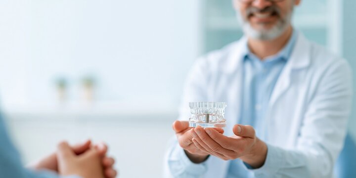 Dentist showing dental implant model
