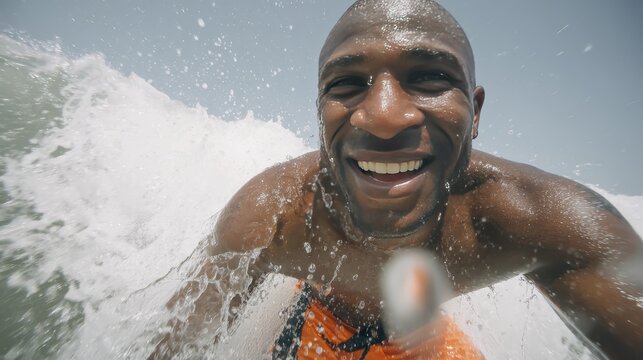 Joyful surfer riding waves close-up action at the beach on a sunny day