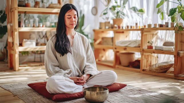 Peaceful meditation in a serene bohemian space with natural light and plants