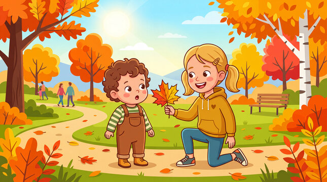 Children playing with autumn leaves in sunny park vector illustration