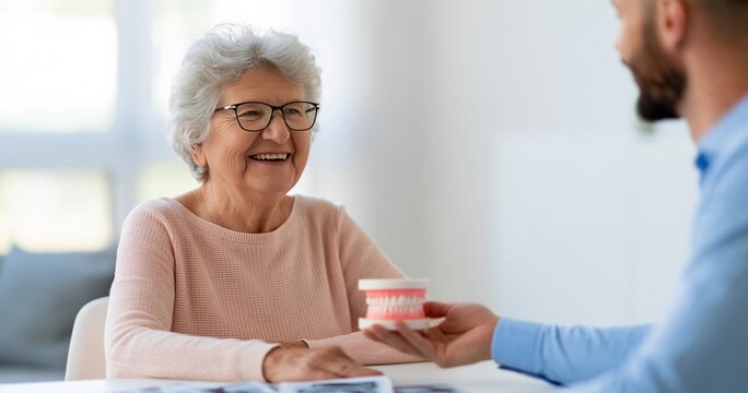 Senior woman consulting dentist about dentures