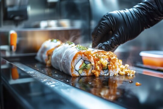 Chef preparing fresh sushi burrito with gloved hands in modern kitchen setting