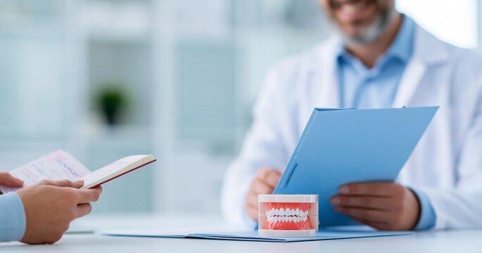 Dentist consulting patient with dental model