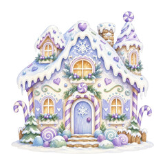 Obraz premium PNG Whimsical purple gingerbread house covered in snowy holiday icing