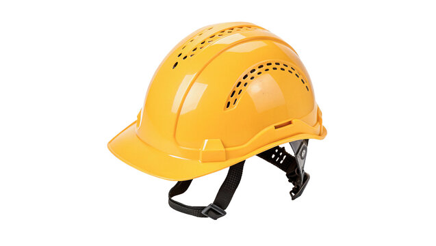 Bright yellow plastic industrial construction safety hard hat isolated on transparent background.