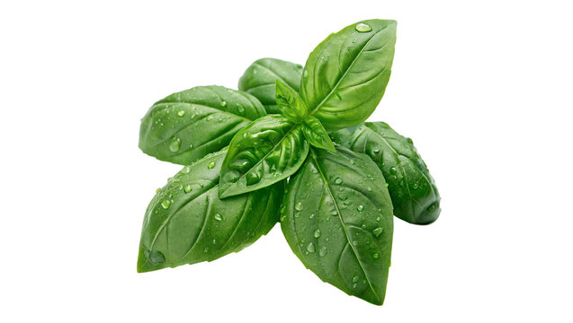 Bunch of fresh green aromatic basil herb leaves isolated on transparent background.