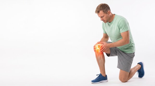 Man Holding Knee Joint Suffering from Acute Osteoarthritis and Patellofemoral Pain Syndrome on White Background with large copy space