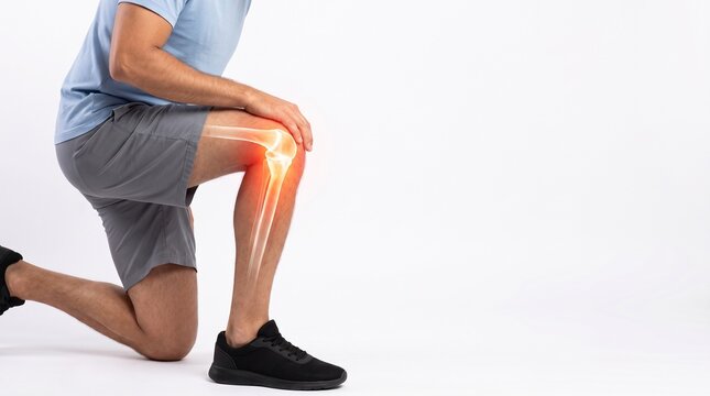 Man Suffering from Knee Joint Pain and Osteoarthritis Isolated on White Background with Large Copy Space