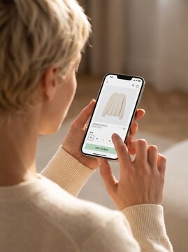 Woman using smartphone to tap add to bag button on fashion shopping app. Over-the-shoulder view of a young blonde woman holding a smartphone and tapping the add to bag button to purchase a knit sweate