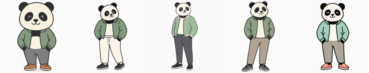 A set of cute and adorable panda vectors posing while standing, wearing a jacket with hands in the pockets. © Jefri Syahputra BKL