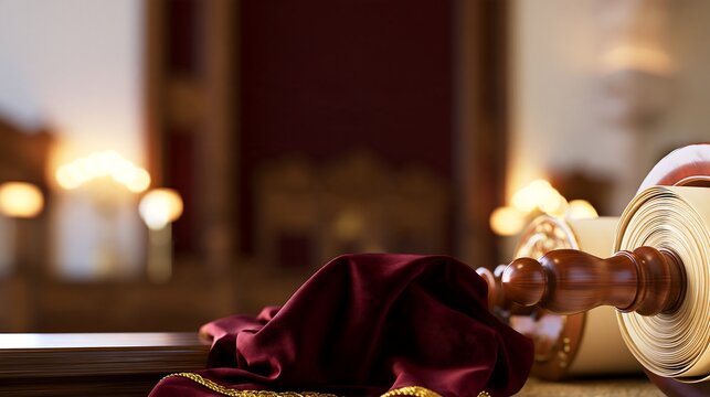 Torah scroll and ceremonial fabric in warm interior light, Jewish religious concept for Shemini Atzeret and Simchat Torah celebrations, Torah study, worship and holiday content