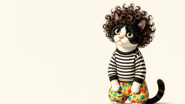 Adorable Black and White Cat with Curly Hair and Fashionable Striped and Polka Dot Outfit
