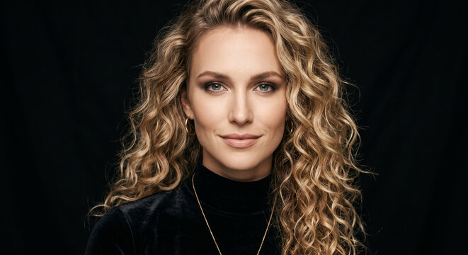 Woman with curly hair poses against a black background in a stylish outfit