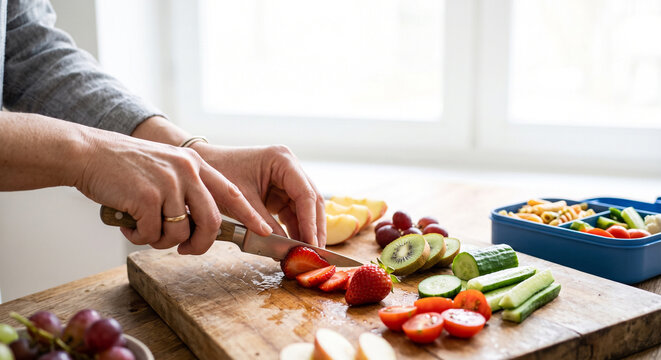 Person slicing fresh fruits and vegetables on wooden cutting board in kitchen