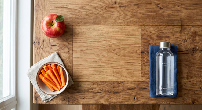 Healthy snacks on wooden table with apple, carrots, and water bottle