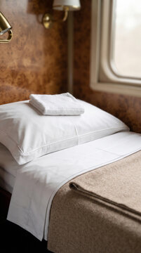 Cozy train cabin bed with white linens and towel on pillow