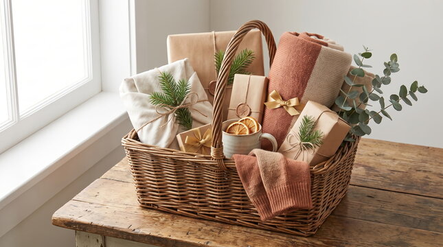 Handmade Christmas gift basket displayed on a table at home