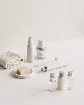 Minimalist skincare products arranged on a clean white surface with towel